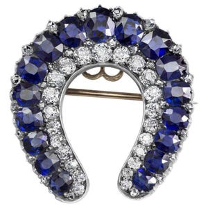 925 Silver &quot;Horseshoe&quot; Brooch, Blue Cushion & Round Cut CZ Stone Vintage Style Brooch, Antique Retro Style Wedding Brooch, Victorian Brooch