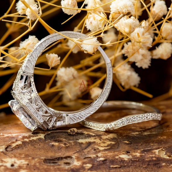 Circa 1930 s Vintage Ring Set Round Cut CZ Moissanite Diamond Art Deco Ring Set 14K Gold Engagement Ring Set Antique Edwardian Ring