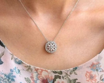 Circa 1930's Art Deco Dainty Necklace, Beautiful Floral Inspired Necklace, Marquise & Round Moissanite Necklace, Daily Wear Fine Necklace