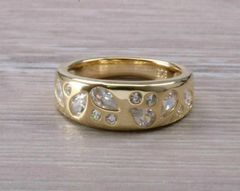 14K Yellow Gold Wedding Band Ring, Pear & Round Diamond Cigar Band Ring, Flush Set Scatter Wedding Ring, Anniversary Gift, Teardrop Ring