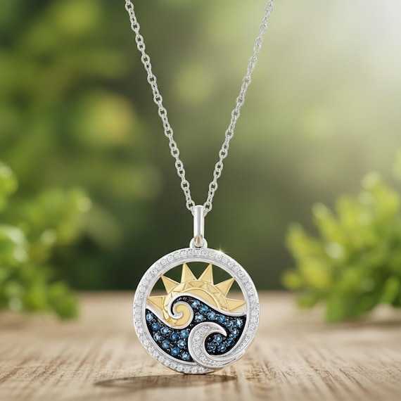 Moana Pendant Necklace, Ocean Wave With Sun Pendant Necklace, Blue