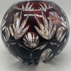 Bohemian Czech Glass Cranberry Cut To Clear Crystal Round Rose Bowl Vase, 6” Dia