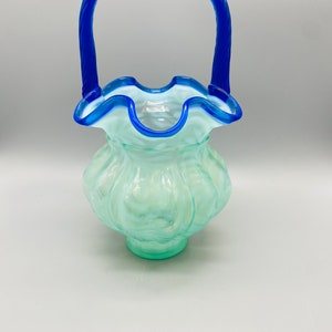 Fenton Art Glass Aqua Opalescent Fern Basket with Cobalt Blue Crest and Handle