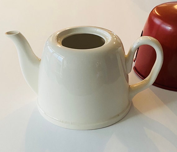 Mid-century Ceramic Teapot W Burgundy Metal Insulated Cozy Wood Finial  Handle Mod 