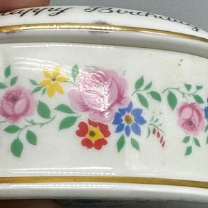 Vintage Happy Birthday Trinket Box Ring Box Pill Box Coal Port London Lovely Fine Bone China Exquisite Colouration perfect antique condition