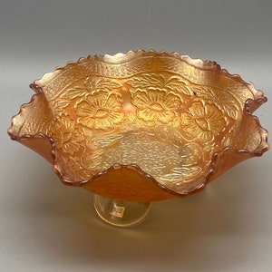 Vintage Fenton Marigold Carnival Glass Bowl Two Flowers Ruffled Rim Spatulate Foot