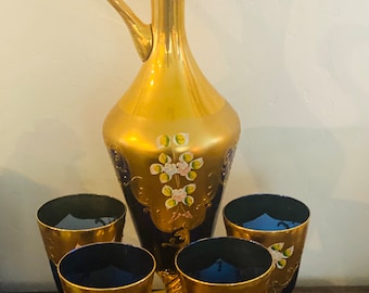 Murano Venice Italy 24KT Gold Leaf colbalt blue  Decanter and 4 Wine Glasses Set