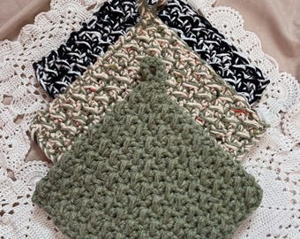 鍋つかみ 3 個セット - かぎ針編みの鍋つかみ - 布製の鍋つかみ - 綿のホットパッド - 手作りの家庭用品 - 農家のホットパッド - 厚手の鍋つかみ