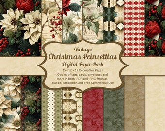 Paquete de papel navideño: Flores de Pascua vintage, etiquetas y tarjetas (descarga digital)