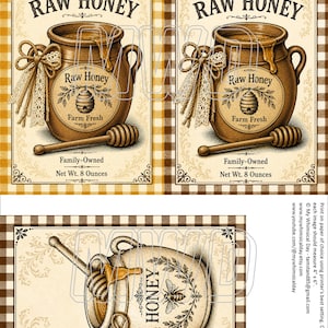 May include: Vintage-style labels for raw honey. The labels feature a detailed illustration of a honey pot with a wooden honey dipper, and the text "Raw Honey" and "Farm Fresh". The labels are set against a checkered background.