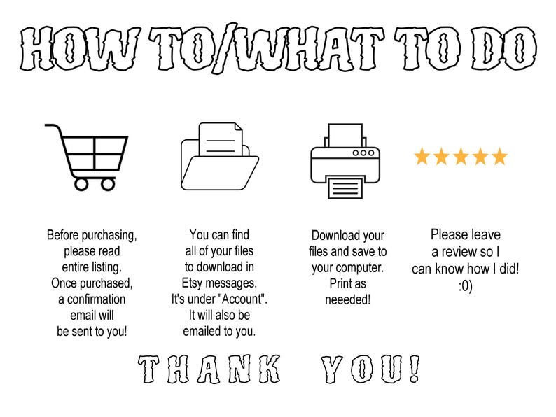 Puede incluir: Ilustraci&oacute;n en blanco y negro de un carrito de compras, una carpeta, una impresora y cinco estrellas. El texto dice "HOW TO/WHAT TO DO" y "THANK YOU!" con instrucciones sobre c&oacute;mo comprar, descargar y revisar el producto digital.