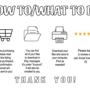 May include: Black and white illustration of a shopping cart, folder, printer, and five stars. Text reads "HOW TO/WHAT TO DO" and "THANK YOU!" with instructions on how to purchase, download, and review the digital product.