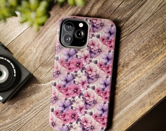 Hibiscus Tough Phone Cases, Pink Lavendar Hibiscus Flowers, Impact Resistant, Interior rubber liner, Compatible with most iPhone sizes