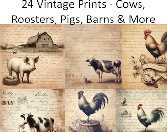 Vintage Farm Animal Prints: Rooster, Cow, Pig Clipart (Digital Download)