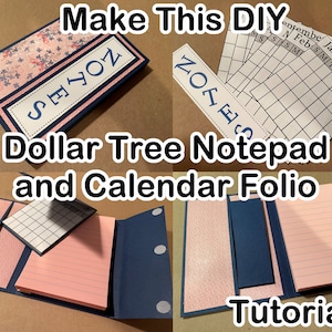 May include: A DIY tutorial for making a notepad and calendar folio using Dollar Tree supplies. The folio is made of blue cardstock with pink and white patterned paper. The folio has a notepad and a calendar inside.