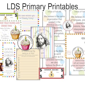 Primaire printables LDS, geloofsartikelen, posters, verjaardagskaarten, tags, waardering leraar, bladwijzers, stickers, LDS 2025-jeugdthema