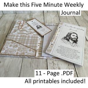 May include: Printable 11-page PDF journal with a gold and white floral design. The journal cover features a quote about putting the most important things in perspective. The journal is titled "Five Minute Weekly Journal".