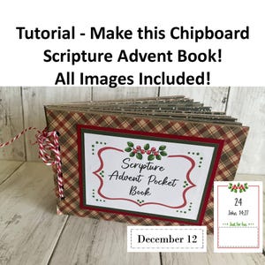 May include: A handmade Scripture Advent Pocket Book with a red and green plaid cover. The book features a decorative label with the text "Scripture Advent Pocket Book" and includes a small card with the number 24 and the text "John 14:27".