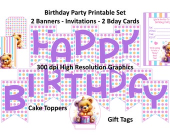 Birthday Printables | Cute Bear Invitations, Banners, Gift Tags, Cake Toppers, Bday Cards | Teddy Bear Birthday Party Decor | 28 page PDF