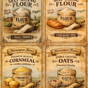 May include: Vintage-style prints featuring flour, cornmeal, and oats. Each print showcases a burlap sack filled with the product, a wooden scoop, and text such as "Self Rising Flour" and "Cornmeal". The prints have a rustic, aged appearance.