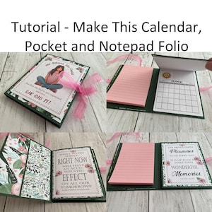 Puede incluir: Un tutorial sobre cómo hacer un folio con calendario, bolsillo y bloc de notas. El folio es verde con detalles en rosa y tiene un calendario, un bloc de notas y un bolsillo. El calendario es para junio y tiene un icono de sol. El bloc de notas tiene papel rayado. El bolsillo tiene un diseño floral. El folio está cerrado y tiene una cinta rosa atada alrededor.