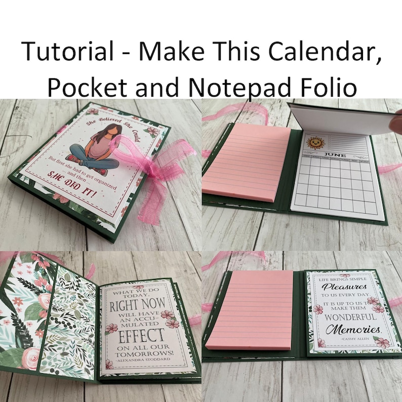 Puede incluir: Un tutorial sobre c&oacute;mo hacer un folio con calendario, bolsillo y bloc de notas. El folio es verde con detalles en rosa y tiene un calendario, un bloc de notas y un bolsillo. El calendario es para junio y tiene un icono de sol. El bloc de notas tiene papel rayado. El bolsillo tiene un dise&ntilde;o floral. El folio est&aacute; cerrado y tiene una cinta rosa atada alrededor.