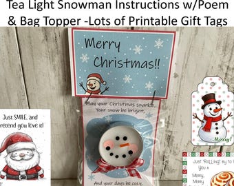 Zelfstudie sneeuwpop theelichtje, afdrukbare kerstcadeaukaartjes (digitale download)
