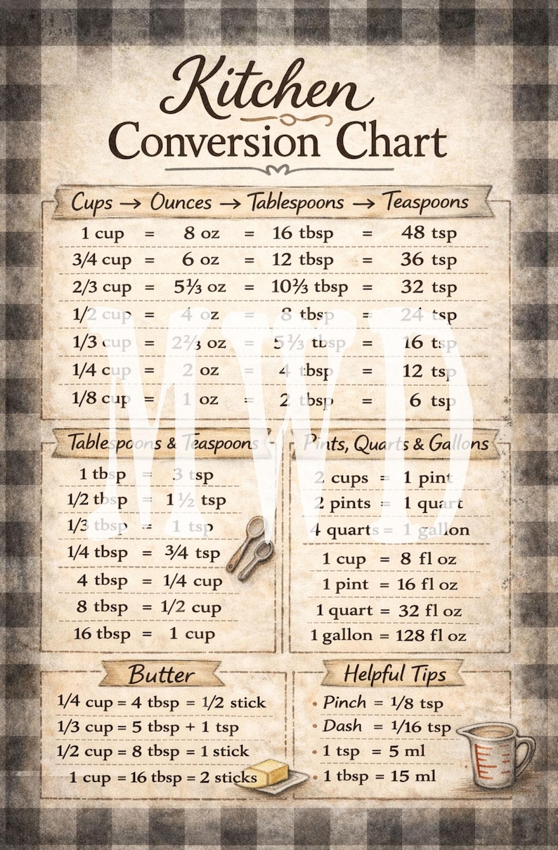 Farmhouse Kitchen Conversion Chart, Gingham Buffalo Check Prints ...