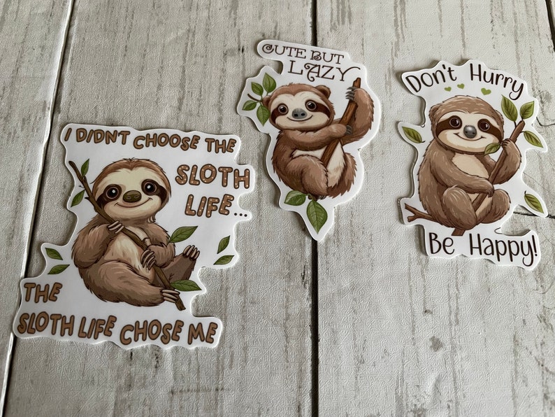 Sloth Water Resistant Stickers 3 inches Sloth Decals Laptop Stickers Decal Water Bottle Stickers Set of 3 Protective Overlay image 1