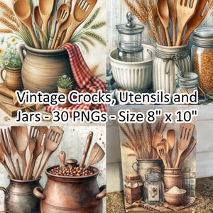 Stampe da cucina vintage, 30 stampe digitali di alta qualità, pentole, secchi arrugginiti, utensili, biancheria, barattoli, bellissime immagini PNG, 8x10, decoupage
