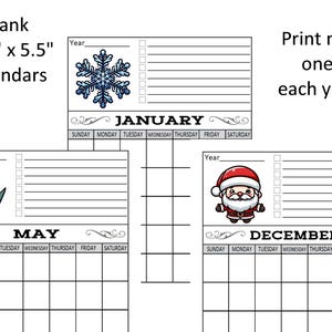 Puede incluir: Tres plantillas de calendario imprimibles, cada una mide 4,25 pulgadas por 5,5 pulgadas. El calendario de enero presenta un dise&ntilde;o de copo de nieve, el calendario de mayo presenta un tulip&aacute;n morado y el calendario de diciembre presenta un Pap&aacute; Noel de dibujos animados.