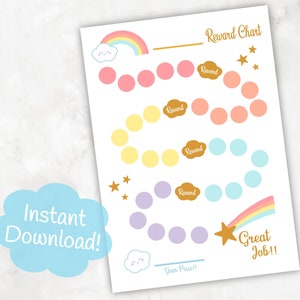 Pode incluir: Gráfico de recompensas de arco-íris imprimível com uma estrela e o texto "Ótimo trabalho!" na parte inferior. O gráfico tem quatro linhas de círculos para colorir como recompensas.