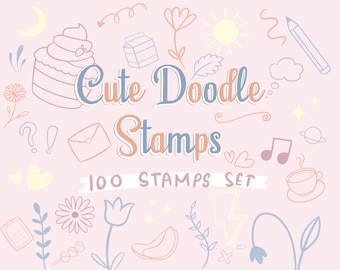 Lindos sellos de garabatos procreados a mano, paquete de pinceles Procreate, 100 pinceles de sellos, estrellas, alimentos, clima, flores, licencia de uso comercial