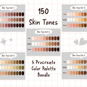 150 Skin Tone Colors, Procreate Skin Color Palettes Bundle, iPad Procreate tools, Warm, Cool And, Olive Undertones, Base, Highlight, Shadow
