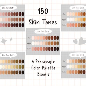 150 Skin Tone Colors, Procreate Skin Color Palettes Bundle, iPad Procreate tools, Warm, Cool And, Olive Undertones, Base, Highlight, Shadow