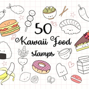 Kawaii Handgetekende Procreate Food Doodle Stamps, Brushset Bundle, 50 Stamp Brush, Fruit, Groenten, Sushi, Fast Food Commercieel Gebruik Licentie
