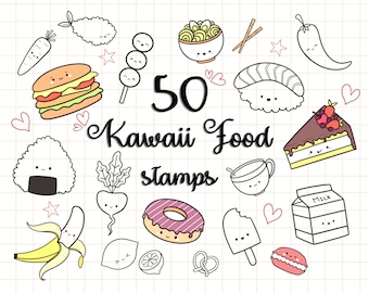 Kawaii Hand Drawn Procreate Food Doodle Stamps, Brushset Bundle, 50 Stamp Brush, Frutas, Verduras, Sushi, Licencia de uso comercial de comida rápida