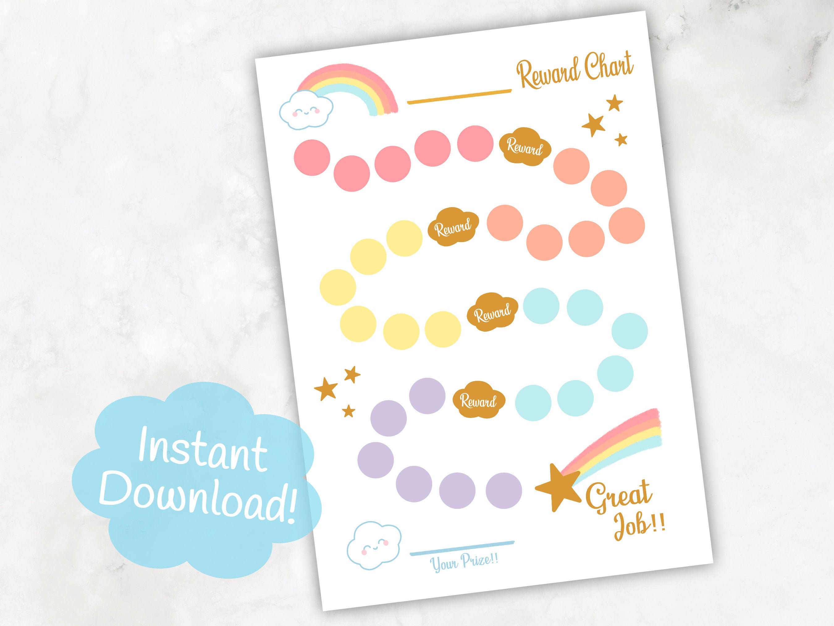 printable rainbow cloud reward chart instant download