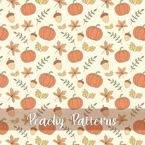 May include: A seamless pattern featuring orange pumpkins, brown acorns, green leaves, and yellow leaves on a light yellow background. The text "Peachy Patterns" is at the bottom of the image.