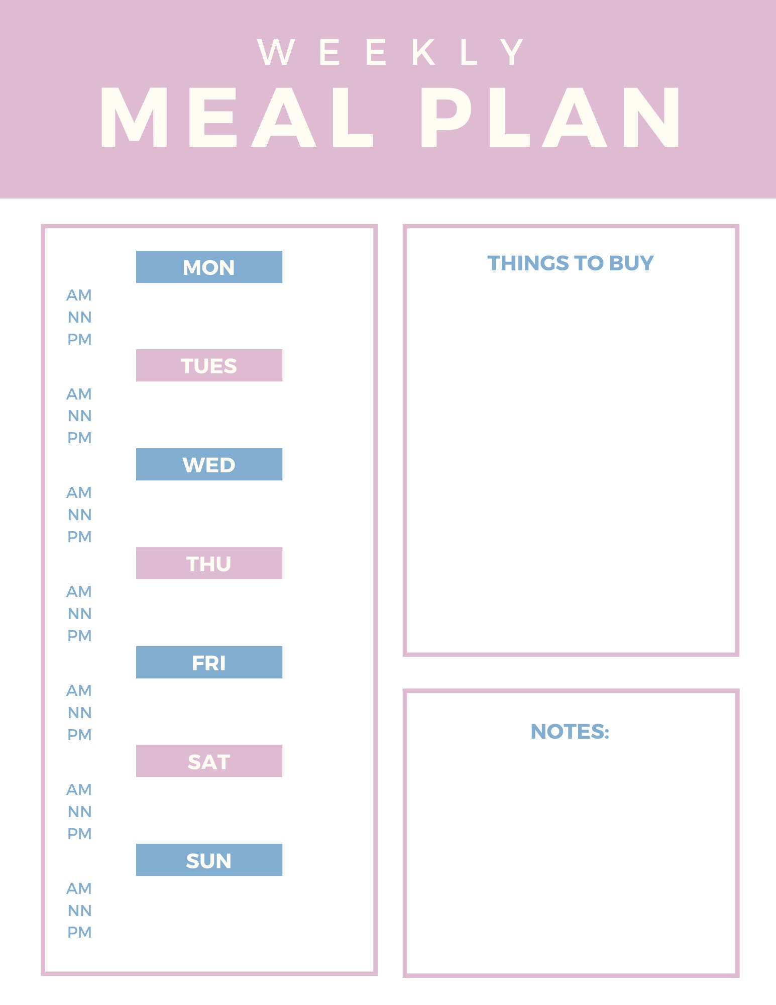 Printable Weekly Meal Planner Blue and Pink Pastel Color | Etsy