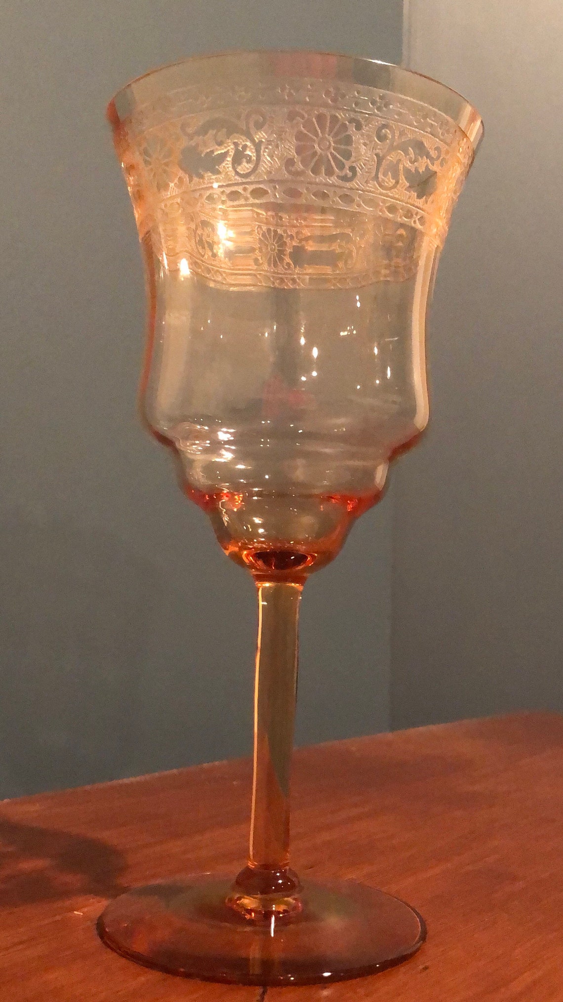 Vintage Amber Etched Wine Glass Etsy