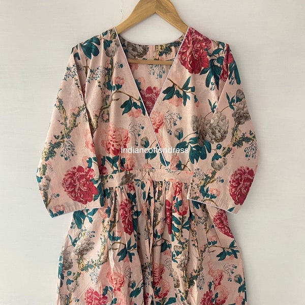 brighter floral printed cotton long maxi dress - vintage long sleeve maxi dress - v neckline with tassel bohemian maxi dress