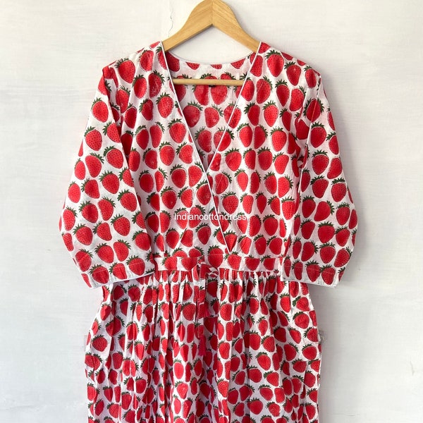 Strawberry Printed Dress, Handblock Cotton Dress, Handmade Cotton Dress, Skater Dresses, Cotton Dresses,