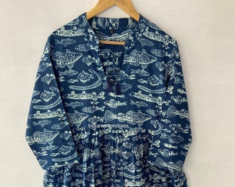 Indigo Fish Printed Cotton Dress, Sketer Circle Dress, Block Print Blousen Dress ,Short Dress,Floral block Print Dress,Cotton Handmade Dress