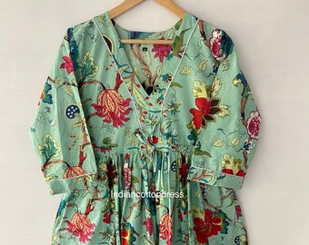 Floral Handblock Print Cotton Dress,Handmade Dress ,Sketer Circle Dress, Flapper Dress, Blousen Dress,Long And Short Dress