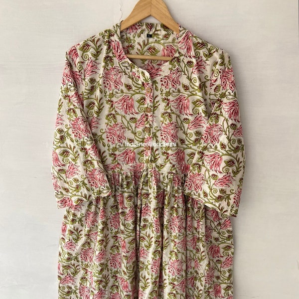 Robe imprimée à la main| Robe d'été| Robe en coton | Imprimé fleuri| Fait à la main| Made in India Block Print Dress, Robe imprimée