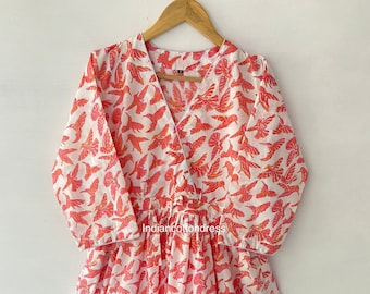 Vogel Druck Kleid Frauen Kleid Hand Print Kleid,Baumwoll Kleid,Block Print Kleid,Baumwoll Block Kleid,Frauen Kleid,Blumen Sommerkleid