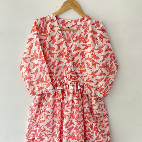 Bird Prind Dress Women Dress Hand Print Dress,Cotton Dress,Block Print Dress,Cotton Block Dress,Women Dress,Floral Summer Dress