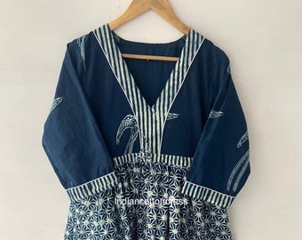 Indigo Bird Printed Patchwork Dresses,Handmade Cotton Dresses,Printed Dress| Summer Dress| Blue dress| Cotton dress| Handmade| Made in India