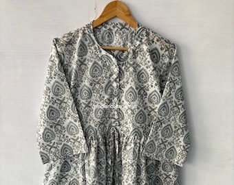New Gray Color Cotton Dress, Handblock Cotton Dress, Skater Cotton Dress, Circle Cotton Dress, Handmade Cotton Dress, Long Cotton Dress
